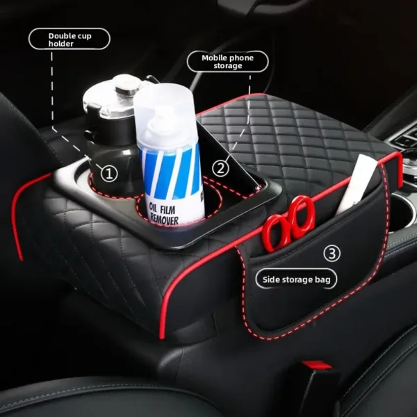 Organisateur de voiture en cuir avec porte-gobelets et poche latérale