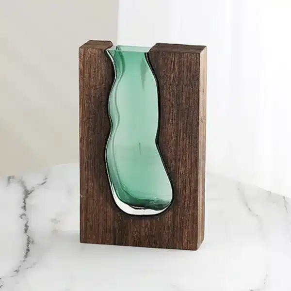 Vase décoratif en bois et verre vert pour fleurs