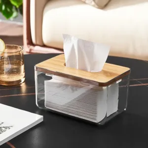 Boîte à mouchoirs transparente avec couvercle en bambou – pratique et élégante
