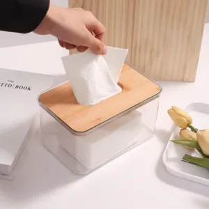 Distributeur de mouchoirs design en bois et plastique transparent