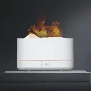 Diffuseur arome LED avec flamme artificielle pour huiles essentielles, design noir et blanc, ideal pour ambiance zen au Maroc