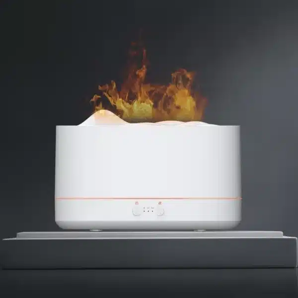 Diffuseur arome LED avec flamme artificielle pour huiles essentielles, design noir et blanc, ideal pour ambiance zen au Maroc