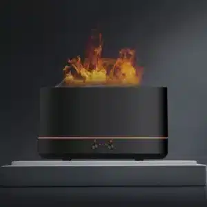 Diffuseur arome LED avec flamme artificielle pour huiles essentielles, design noir et blanc, ideal pour ambiance zen au Maroc