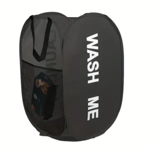 Panier à linge pliable noir Wash Me avec poche latérale