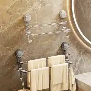 Porte serviettes mural à ventouse double barre avec serviettes accrochées.