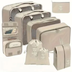 Set de 9 sacs de rangement pour valise couleur beige - organisation voyage Maroc