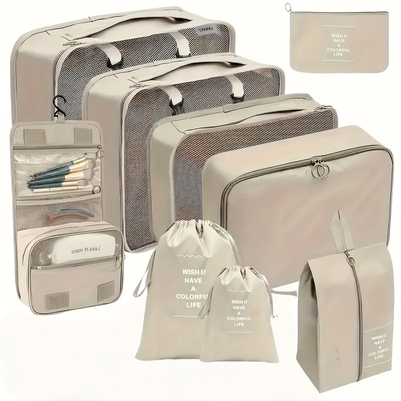 set-de-9-sacs-de-rangement-pour-valise-beige Set de 9 sacs de rangement pour valise couleur beige - organisation voyage Maroc