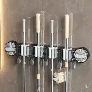 Support mural multifonction pour balais et serpillières avec crochets – couleur gris