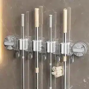 Support mural multifonction pour balais et serpillières avec crochets – couleur gris