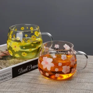 Tasse en verre fleurie 400 ml motif fleurs roses pour thé ou café
