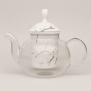 Théière en verre avec filtre en céramique et couvercle effet marbre – Babouti.ma