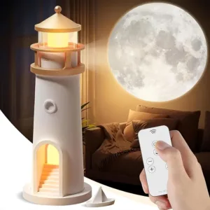 veilleuse artistique de phare décorative en forme de phare avec projection réaliste de lune sur mur, lampe de nuit LED design pour chambre