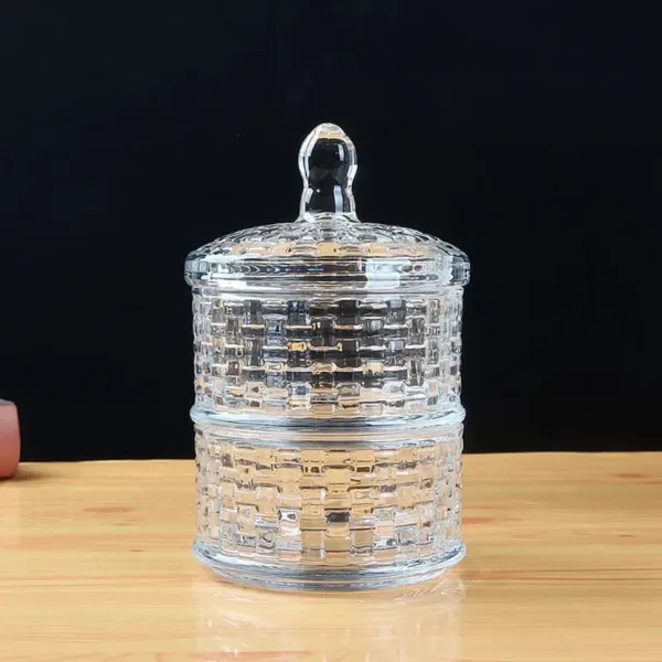 Bocal de rangement en verre transparent à double compartiment avec couvercle décoratif