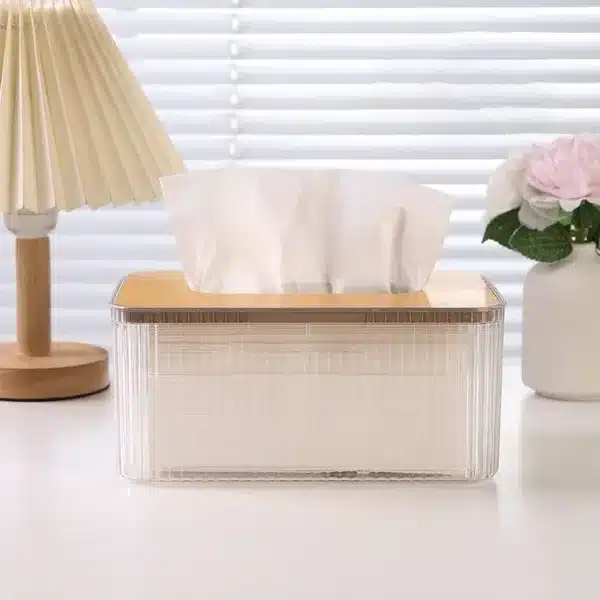 Boîte à mouchoirs design avec couvercle en bois sur un bureau moderne