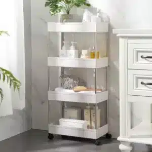 Chariot de rangement blanc 4 étages avec roulettes pour salle de bain – Maroc