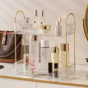 Étagère de rangement cosmétique dorée à 2 niveaux pour maquillage et parfums