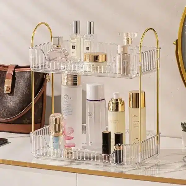 Étagère de rangement cosmétique dorée à 2 niveaux pour maquillage et parfums