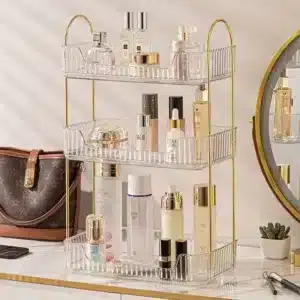 Étagère de rangement cosmétique dorée à 3 niveaux pour maquillage et parfums