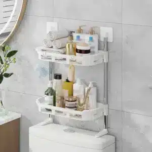 Étagère de rangement télescopique au-dessus des toilettes avec 2 niveaux de rangement blanc