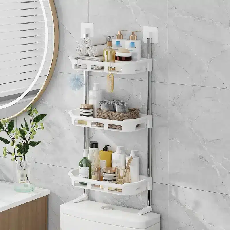 etagere-de-rangement-pour-toilette-3-etages Étagère de rangement télescopique au-dessus des toilettes avec 3 niveaux de rangement blanc