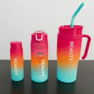 Gourde en plastique dégradée Beauty en acier inoxydable – design coloré moderne avec paille et poignée