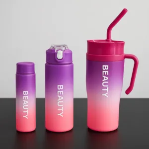 Gourde en plastique dégradée Beauty en acier inoxydable – design coloré moderne avec paille et poignée