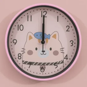 Horloge murale enfant motif chat avec poisson sur fond rose