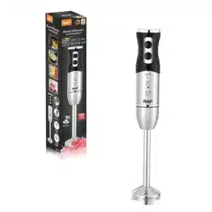 Caractéristiques Puissance : 800W Matériau : Acier inoxydable + poignée anti-dérapante Vitesses : 2 niveaux + mode turbo Lame : Acier inoxydable haute résistance Alimentation : 220–240V (compatible Maroc) Fonctions : Mixer, fouetter, réduire en purée, émulsionner Longueur du bras : 20 cm (idéal casseroles profondes) Entretien : Tige inox démontable + passe au lave-vaisselle Couleur : Inox + poignée noire Marque : RAF Model R782-1