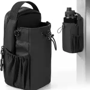 Pochette magnétique pour bouteille de sport noire avec compartiment principal et poches latérales