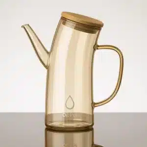 Pot à huile en verre ambré avec couvercle en bois et bec verseur fin – design moderne pour cuisine élégante