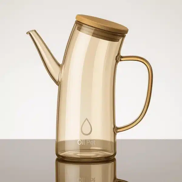 Pot à huile en verre ambré avec couvercle en bois et bec verseur fin – design moderne pour cuisine élégante