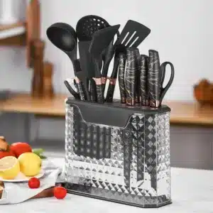 Set complet ustensiles et couteaux de cuisine 16 pièces noir doré avec support – Maroc