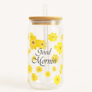 Tasse en verre Good Morning avec fleurs jaunes et couvercle bambou – Babouti.ma