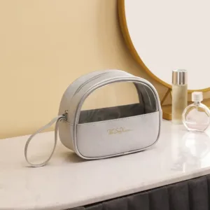 Trousse de maquillage argentée moderne avec fermeture éclair et sangle de poignet