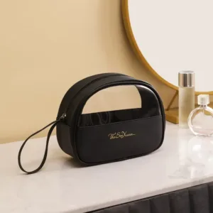 Trousse de maquillage transparente noire élégante avec poignée