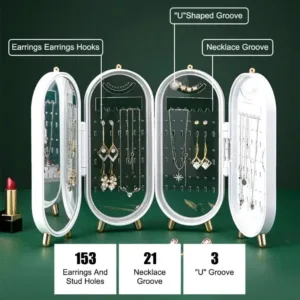 Boîte à bijoux pliable transparente avec pieds dorés et panneaux rotatifs pour colliers et boucles