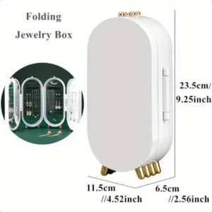 Boîte à bijoux pliable transparente avec pieds dorés et panneaux rotatifs pour colliers et boucles