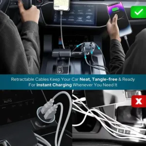 hargeur voiture USB Type-C avec câbles rétractables et écran LED