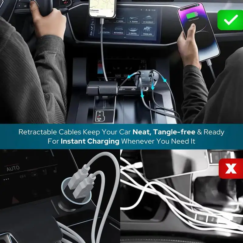 chargeur-voiture-usb-2 hargeur voiture USB Type-C avec câbles rétractables et écran LED