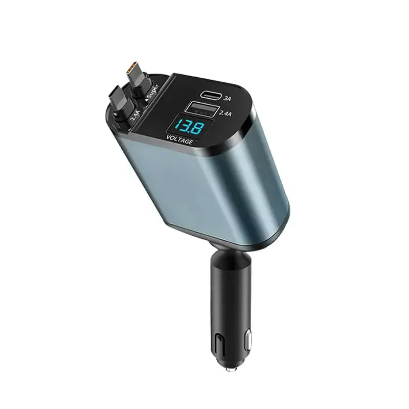 chargeur-voiture-usb hargeur voiture USB Type-C avec câbles rétractables et écran LED