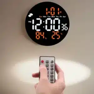 Horloge murale LED ronde 26cm avec télécommande – affichage heure et météo