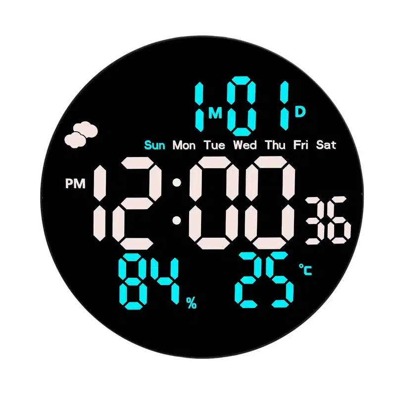 horloge-murale-led-ronde-avec-telecommande-bleu Horloge murale LED ronde 26cm avec télécommande – affichage heure et météo
