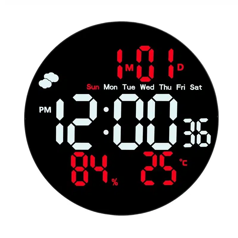 horloge-murale-led-ronde-avec-telecommande-rouge Horloge murale LED ronde 26cm avec télécommande – affichage heure et météo