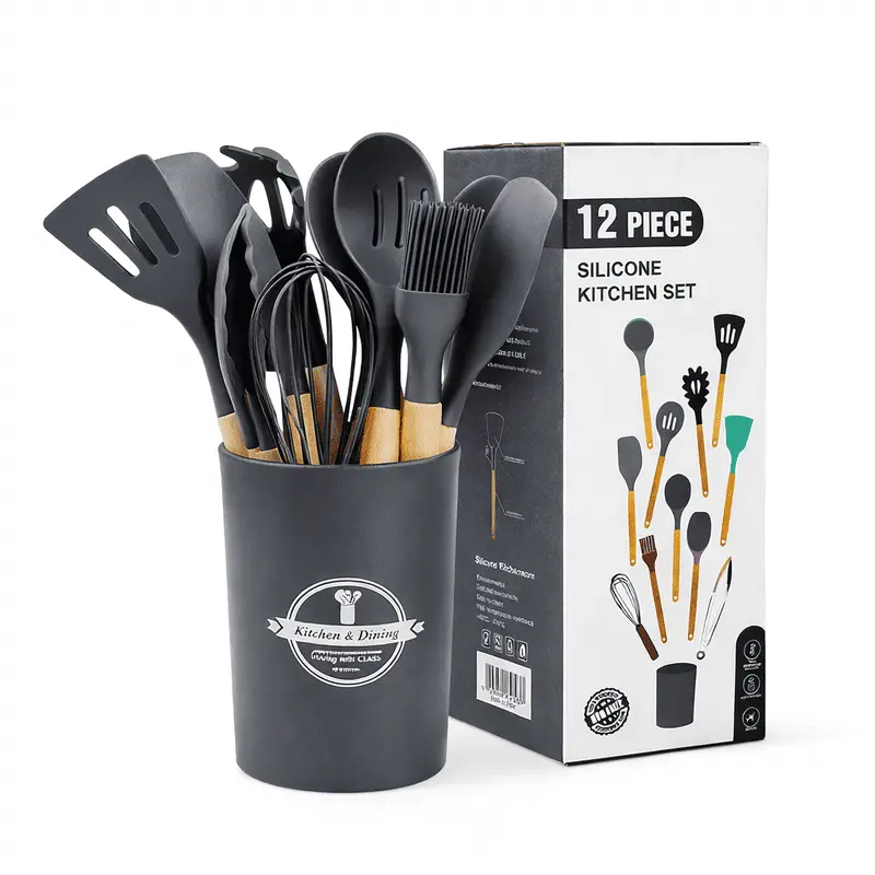 mini-set-ustensiles-cuisine-gris Mini Set ustensiles cuisine en silicone noir avec manches en bois dans un pot noir et boîte d’emballage pour cuisine au Maroc
