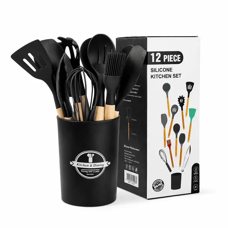 mini-set-ustensiles-cuisine-noir Mini Set ustensiles cuisine en silicone noir avec manches en bois dans un pot noir et boîte d’emballage pour cuisine au Maroc