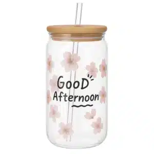 Tasse en verre “Good Evening” avec fleurs Rose et couvercle Bambou