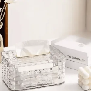 Boîte à mouchoirs transparente design moderne sur table en bois