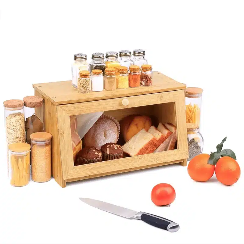 boite-a-pain-en-bambou-avec-porte-transparente1 Boîte à pain en bambou avec porte vitrée remplie de pain et gâteaux