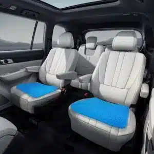 Coussin en gel TPE bleu sur siège de voiture offrant un confort ergonomique.