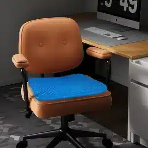 Coussin en gel TPE bleu sur siège de voiture offrant un confort ergonomique.